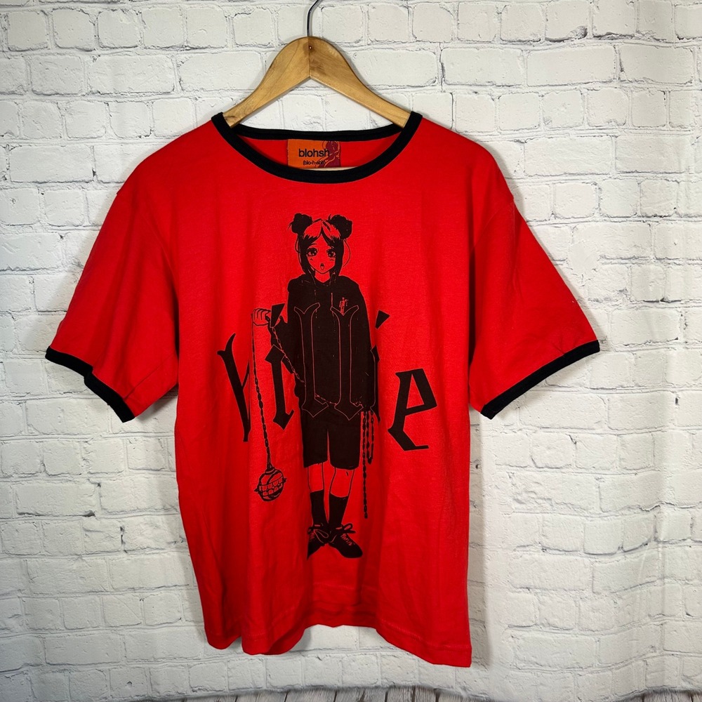 Billie Eilish Blohsh Red Anime Graphic Ringer T-Shirt Womens Medium Black Trim